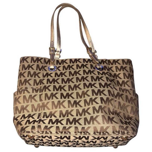 EUC Michael Kors Tan Brown Monogram Canvas Tote Handbag Gold Metallic Leather - Picture 7 of 12